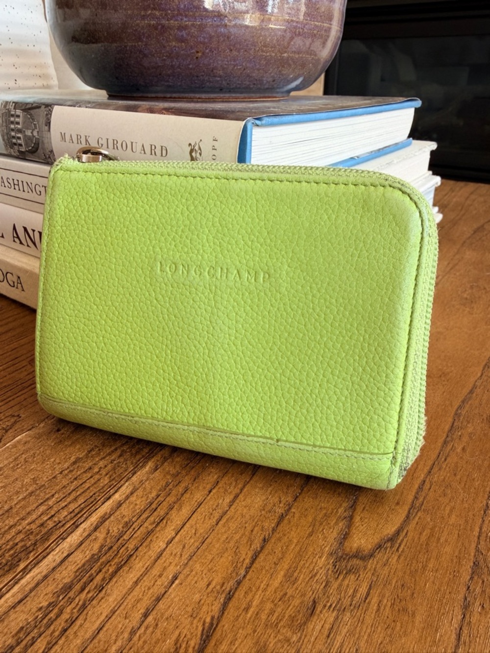 Longchamp Small Lime Green Wallet Zip Coin Purse Compact Leather Chic - Picture 2 of 7